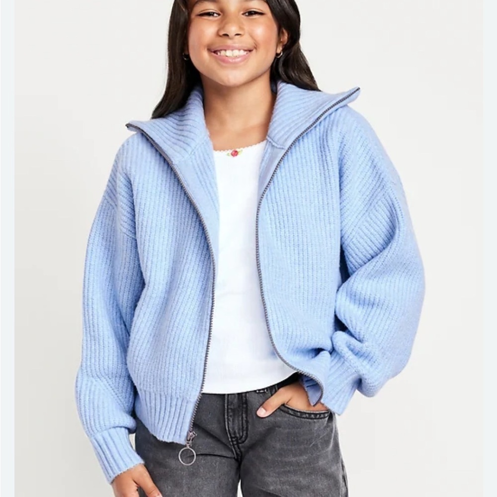 Old Navy Girls Light Blue SoSoft Collared Ribbed Zip-Up Knit Sweater